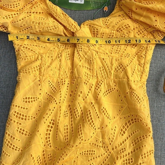 Farm Rio Monstera Yellow Eyelet Puff Sleeve Mini Dress - Picture 8 of 12